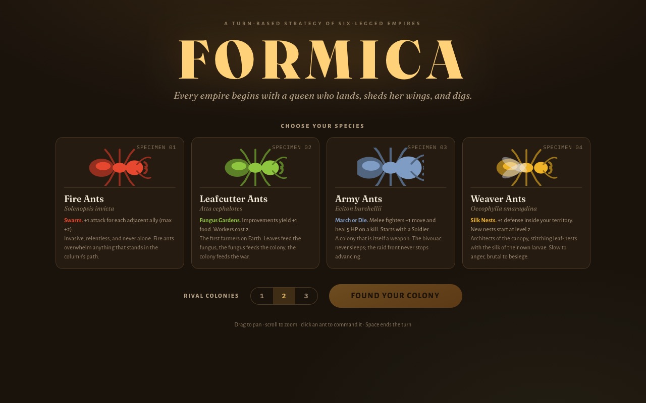 The FORMICA browser game title screen with four playable ant species