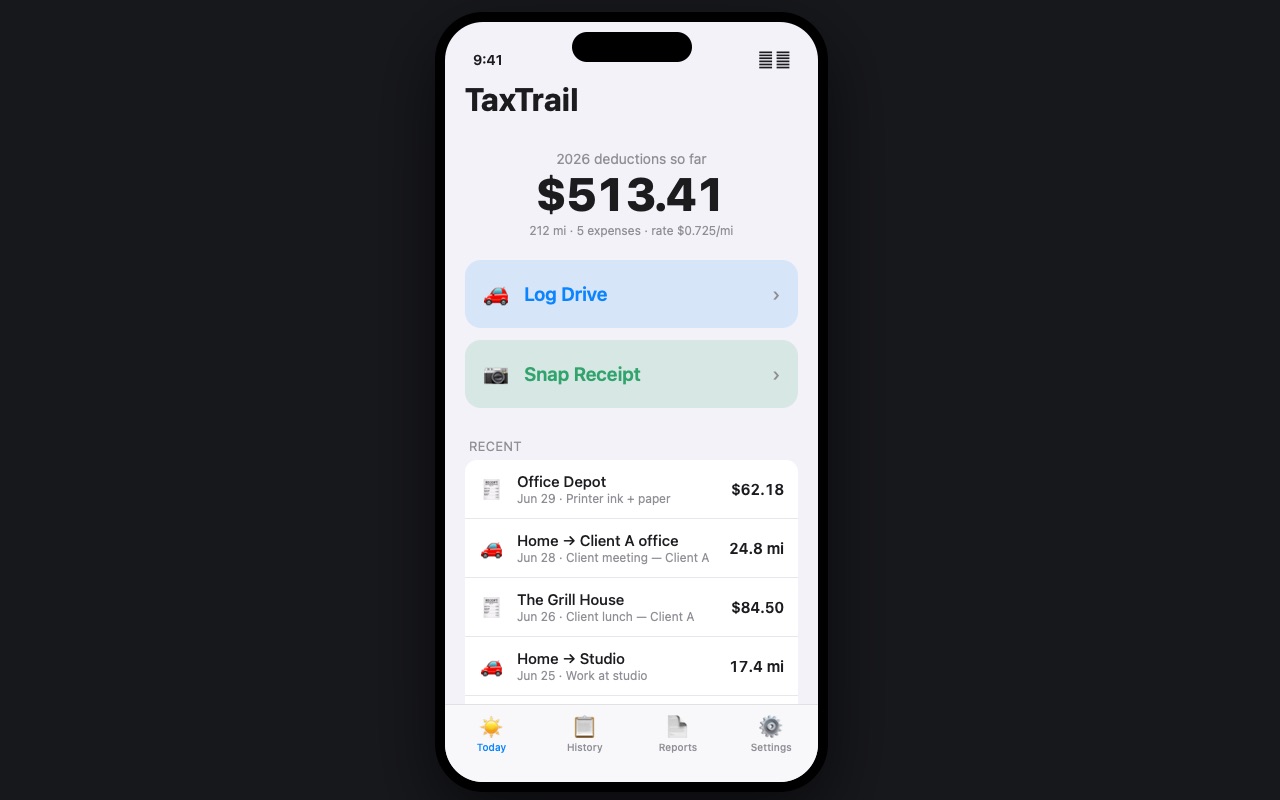 The TaxTrail iPhone app home screen showing tracked deductions, a Log Drive button, and recent trips